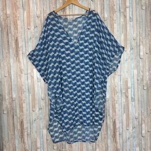 Kaftko V Neck Kaftan Blue Geometric Wave Print 45" Cover Up Swim Beach Caftan